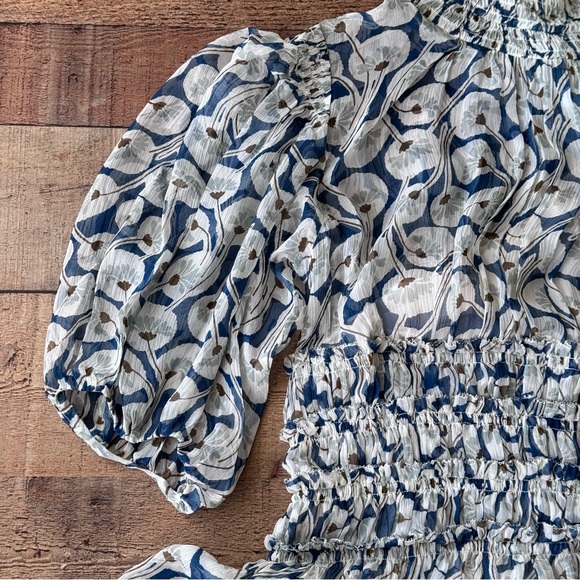 REBECCA TAYLOR Deco Fleur Silk Midi Dress Ruched High Neck Smock Waist Blue Sz 4 - Picture 4 of 14